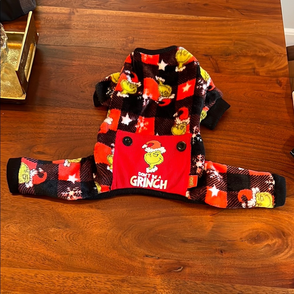 Grinch fleece dog pajamas.